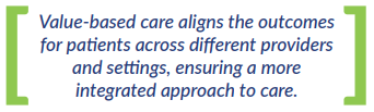 Value-based care aligns the outcomes  for patients across different providers  and settings, ensuring a more  integrated approach to care.