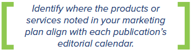 Identify where the products or services noted in your marketing plan align with each publication's editorial calendar