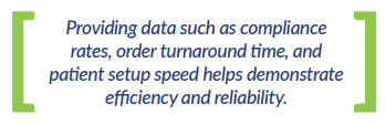 Providing data such as compliance rates, order turnaround time, and patient setup speed helps demonstrate efficiency and reliability.