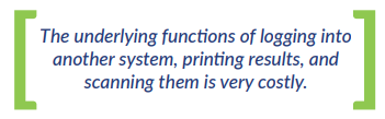 The underlying functions of logging into another system, printing results, and scanning them is very costly.